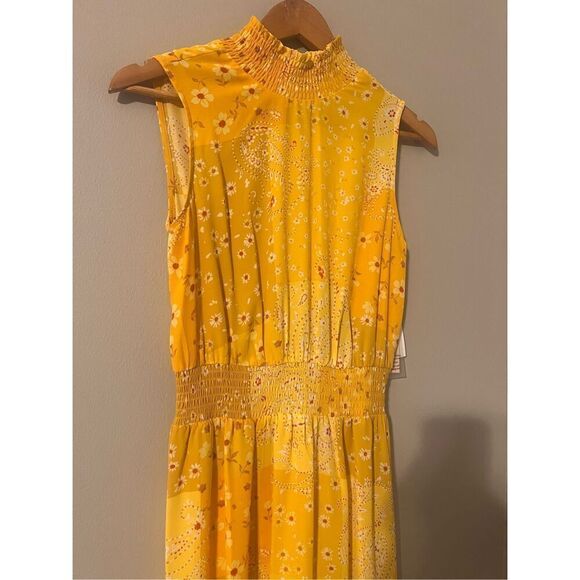 Nanette Lepore 4 High Neck Blouson Swing Dress Yellow Patchwork Paisley Floral - Picture 5 of 16